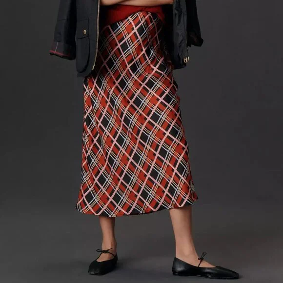 RIXO Red and Black Plaid Midi Skirt - Picture 1 of 5